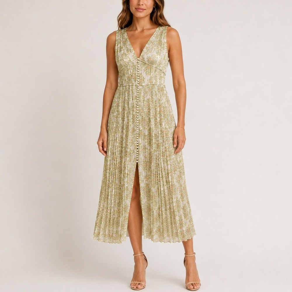 Rebecca Taylor Astera Fleur Button Front Midi Dress S Green Floral Pleated